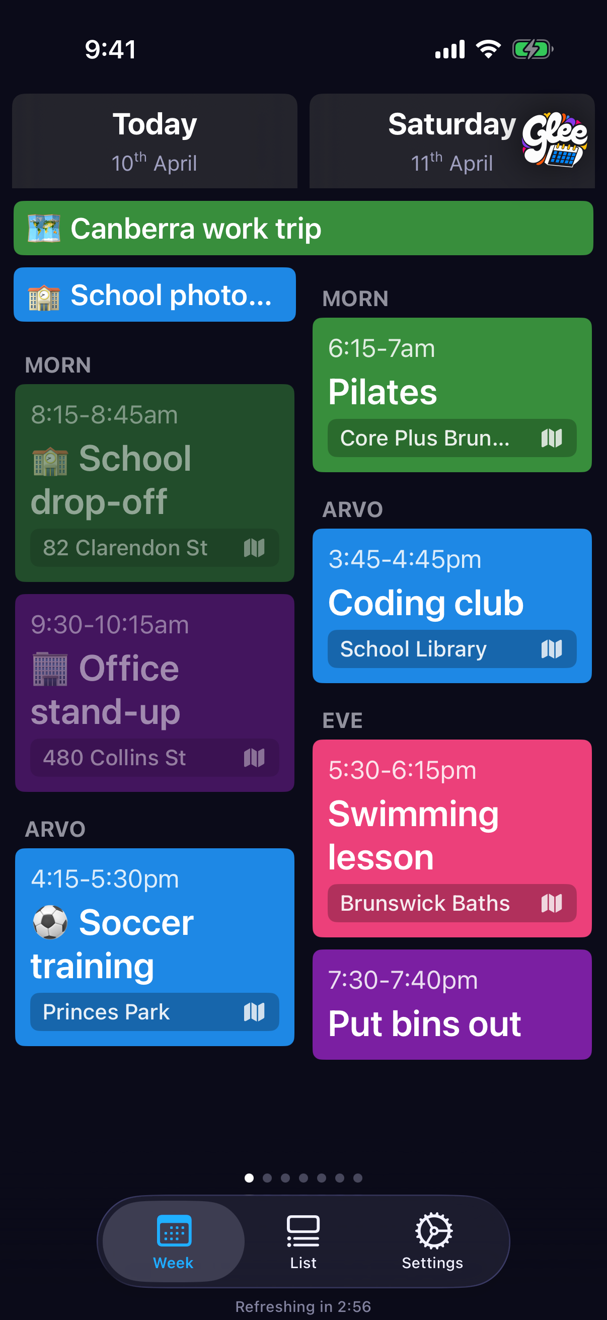Glee Calendar week view on iPhone