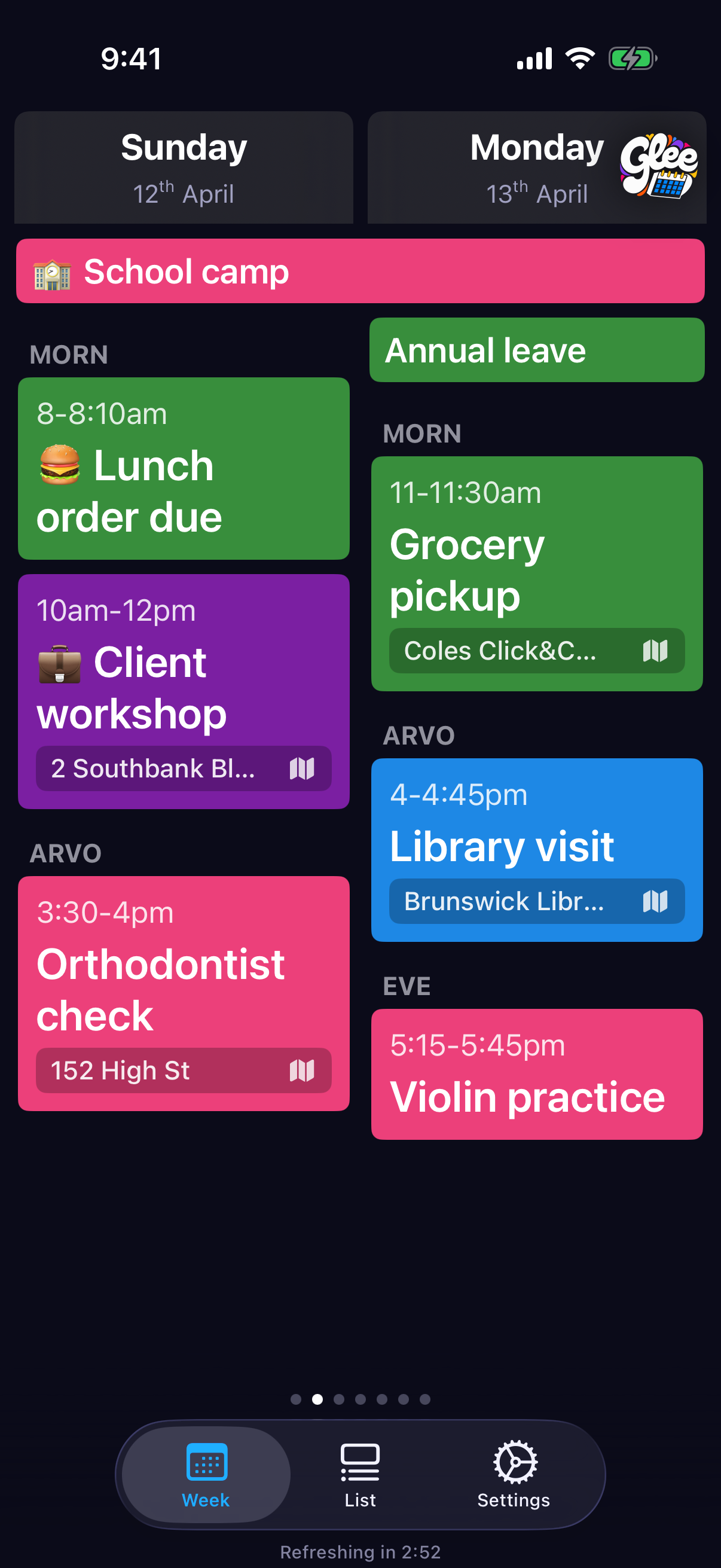 Glee Calendar setup view on iPhone